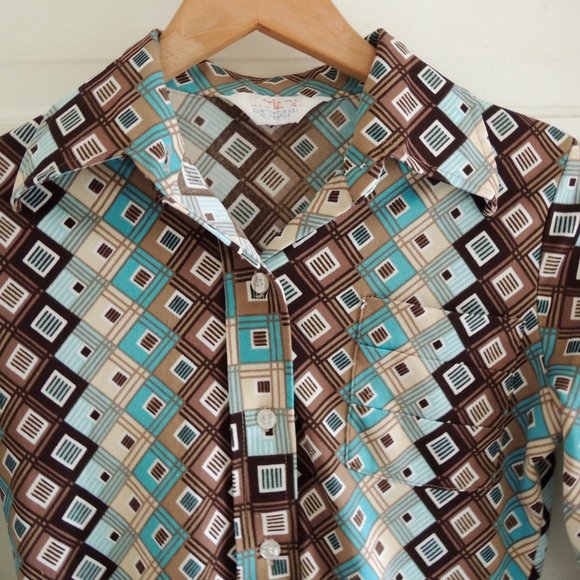 Vintage 70s Blue & Brown Disco Button Shirt S/M - Picture 3 of 7